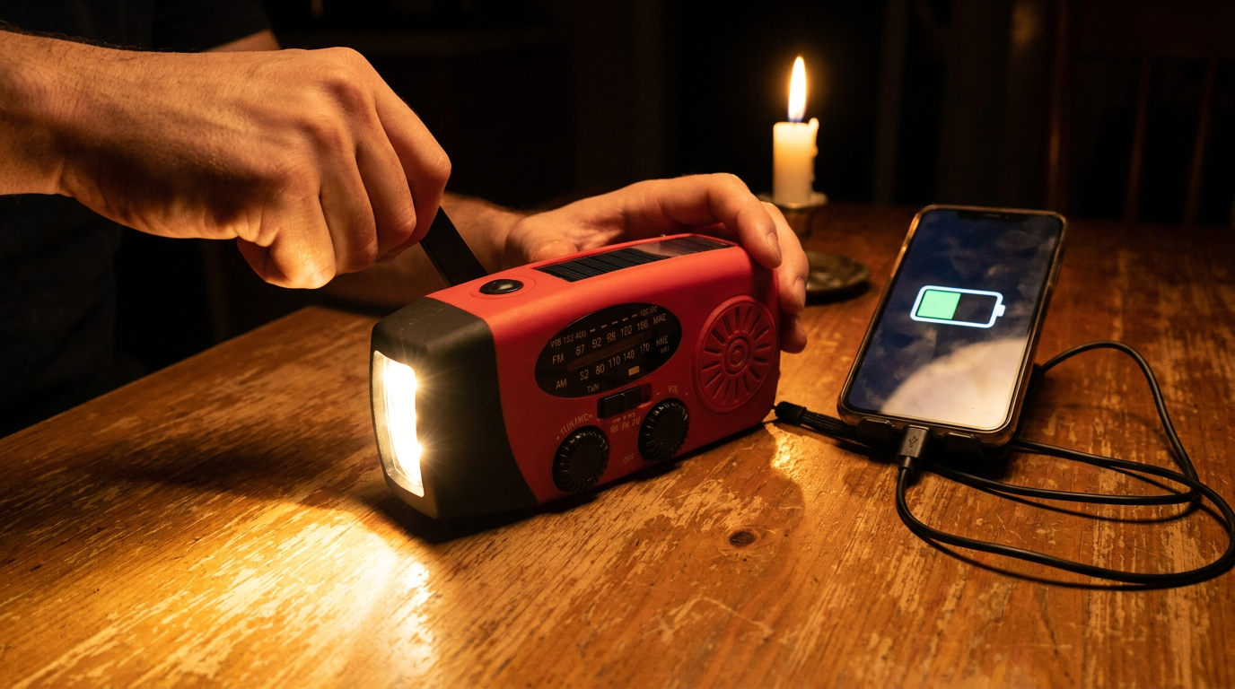 Hand kurbelt das PowerStorm Radio, LED-Licht leuchtet