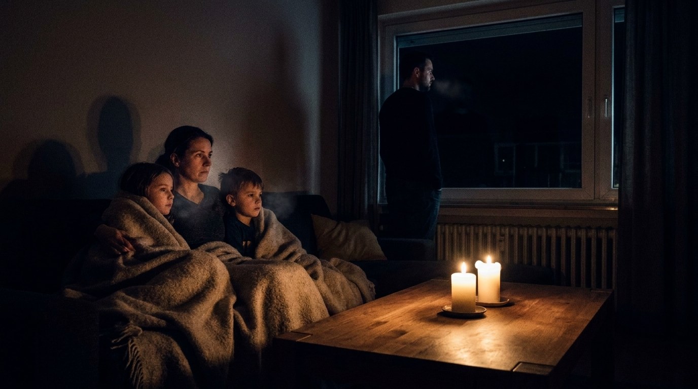 Dunkles Wohnzimmer während eines Stromausfalls im Winter